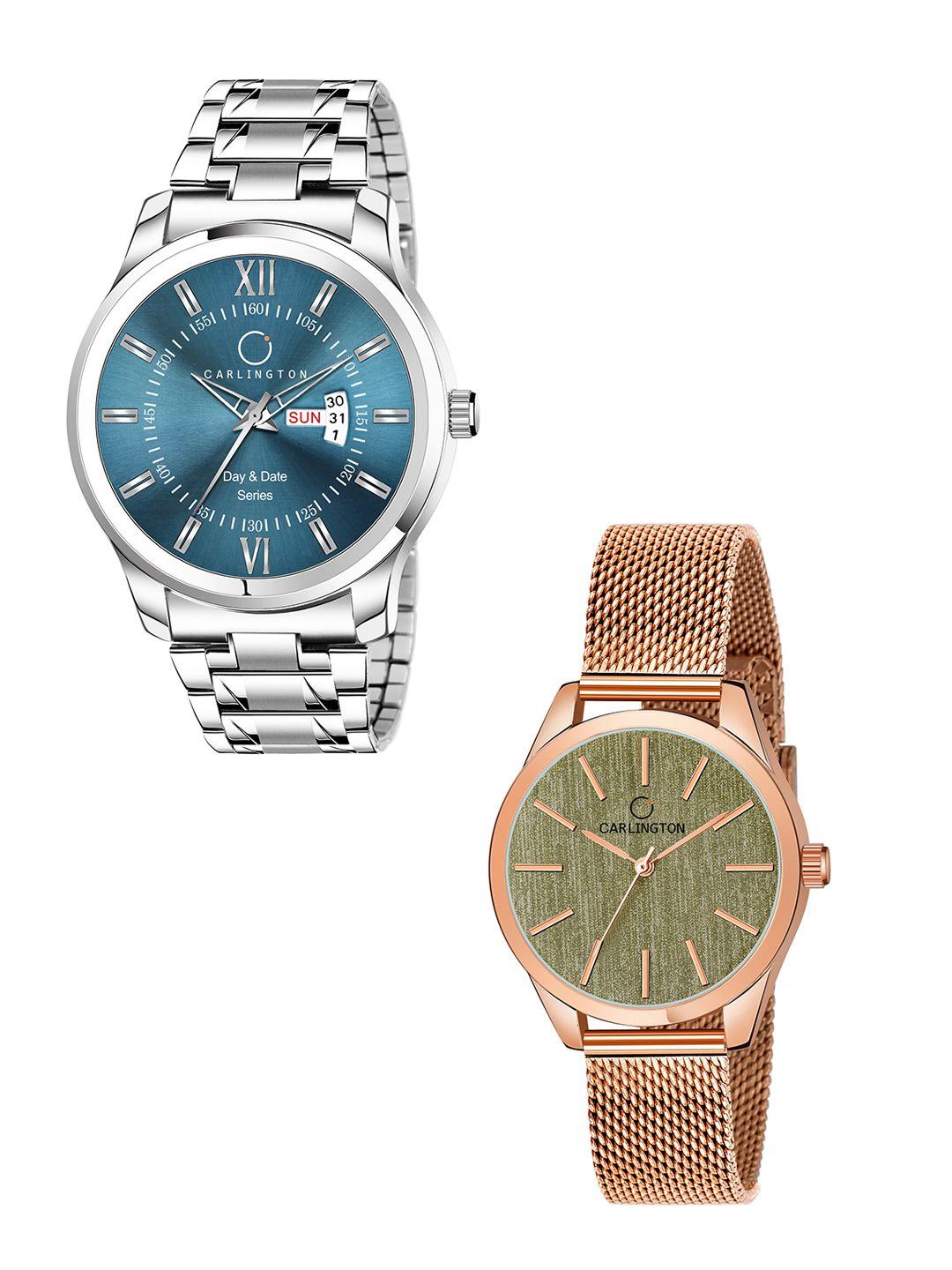 carlington stainless steel bracelet style couple analogue watches combo g01 pastel-ct2001