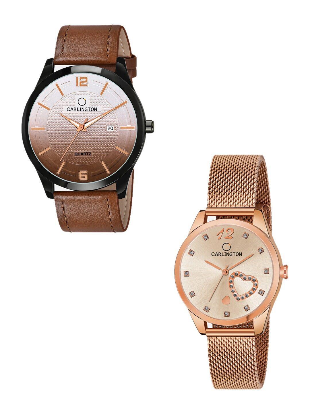 carlington unisex 2 multicoloured dial & leather straps analogue watch combo ct1010 tan