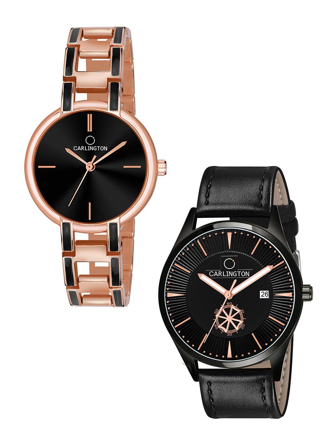 carlington unisex black dial & rose gold toned leather straps analogue watch ct1020