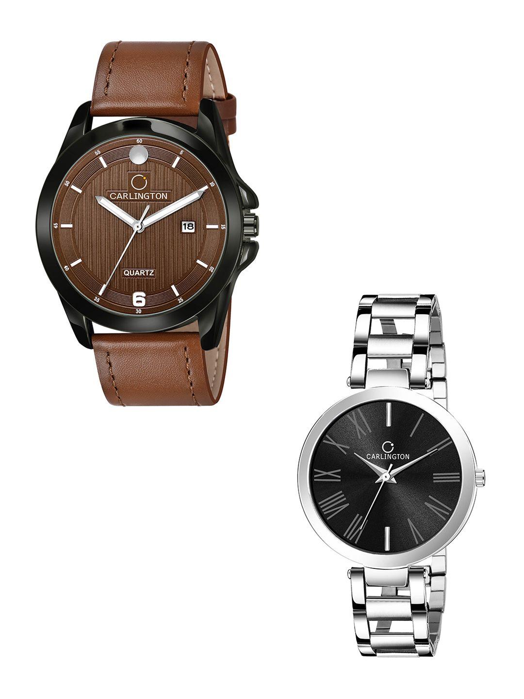 carlington unisex black dial & silver toned leather bracelet style straps analogue watch