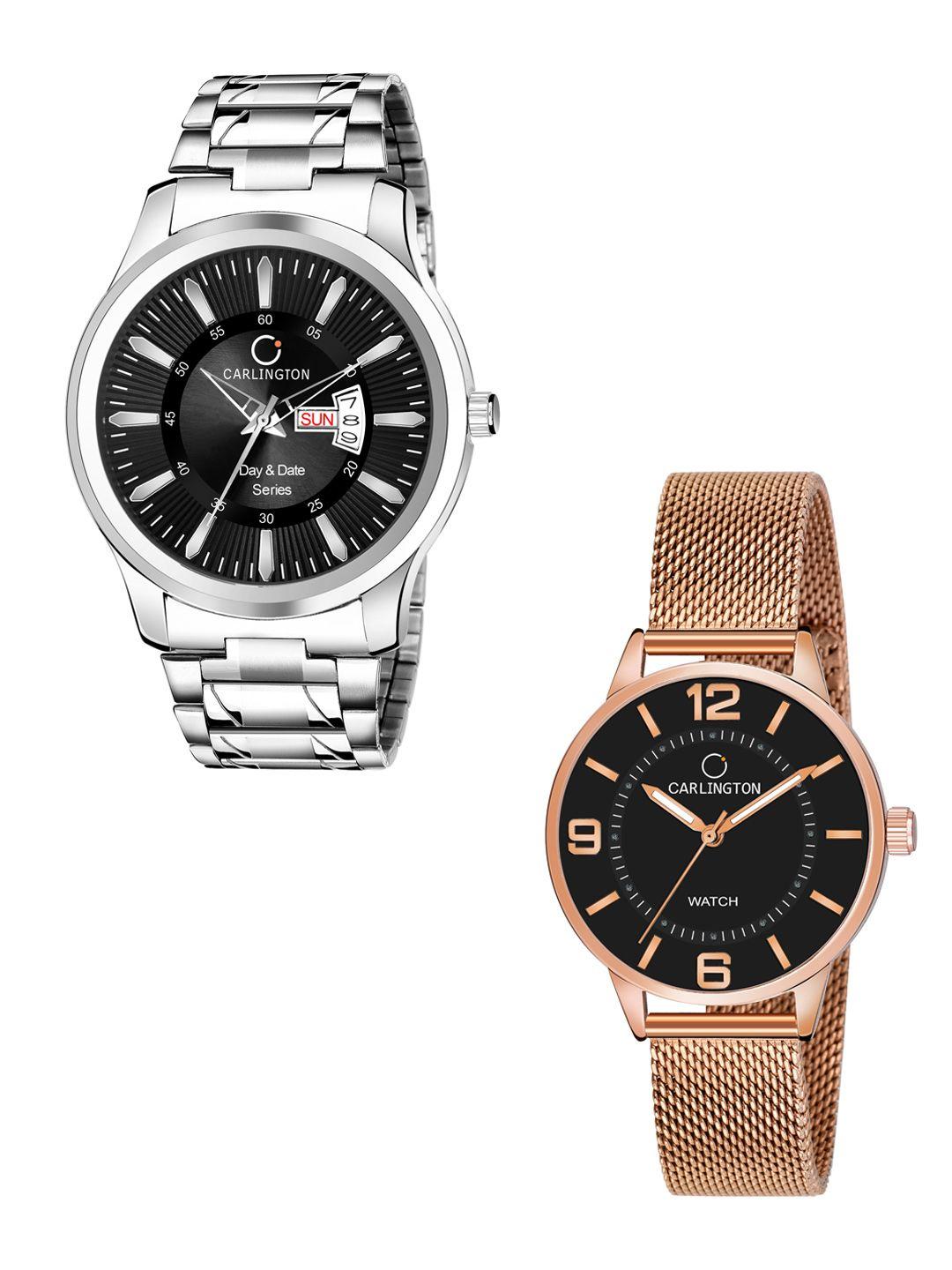 carlington unisex black set of 2 stainless steel bracelet style his & her analogue watch