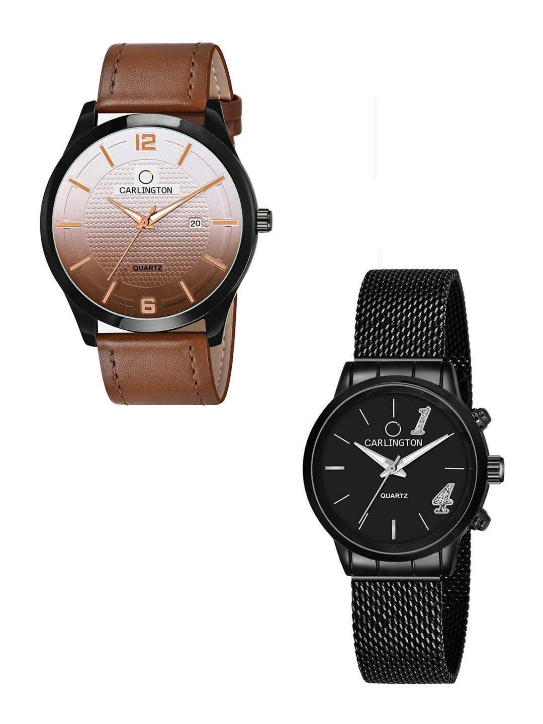 carlington unisex brown & black set of 2 analogue watch combo ct1010 tan - ct2012 black