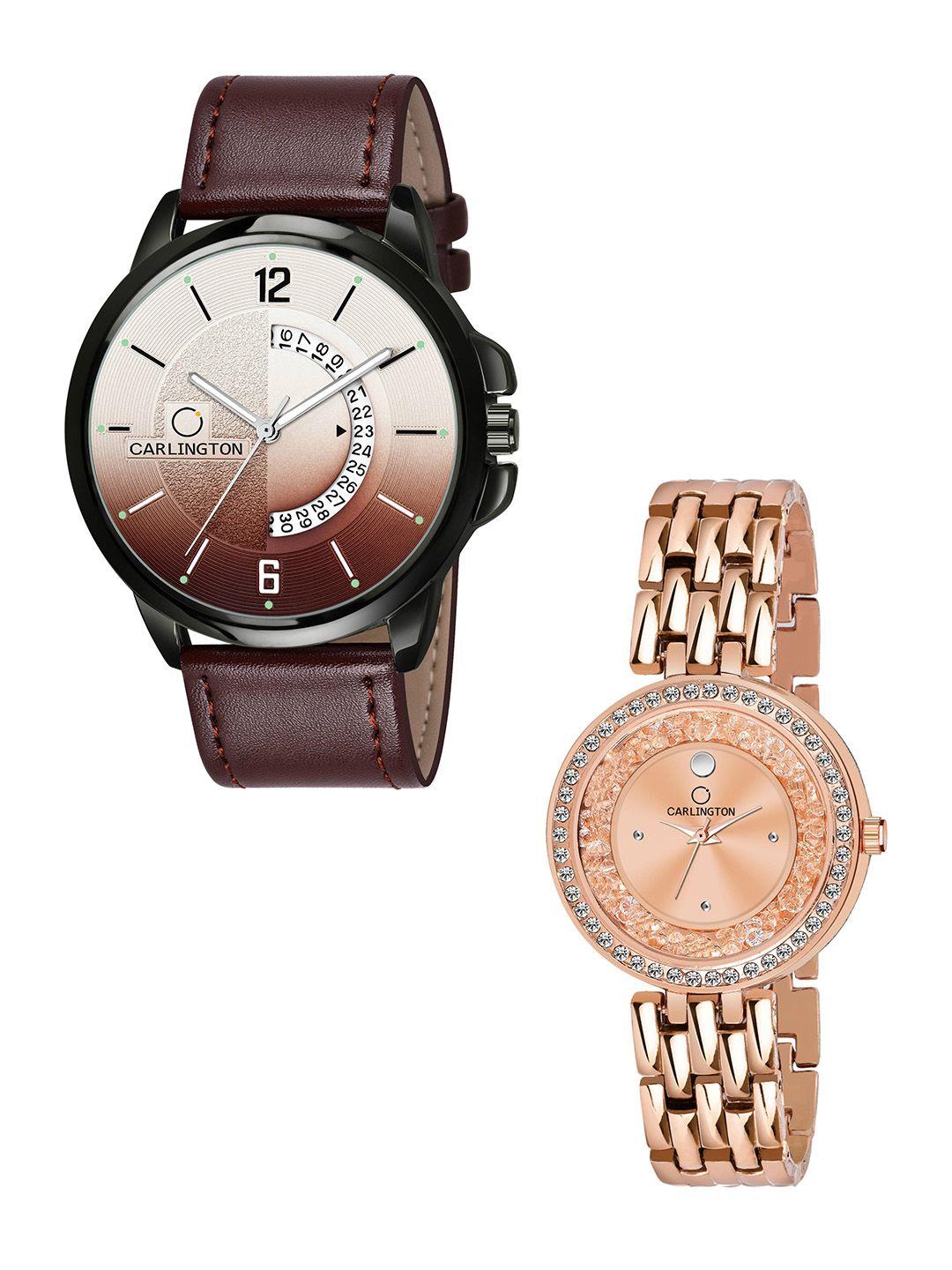 carlington unisex embellished dial & leather straps analogue his and her watches ct1030