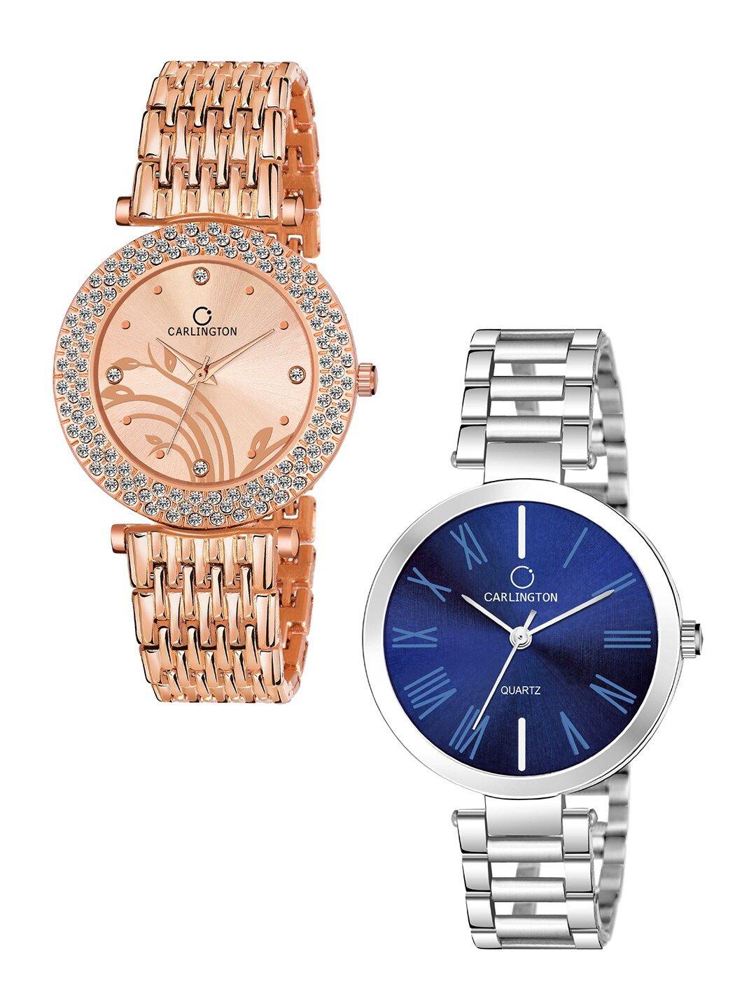 carlington unisex his & her  rose gold-toned & blue analogue watch gift set