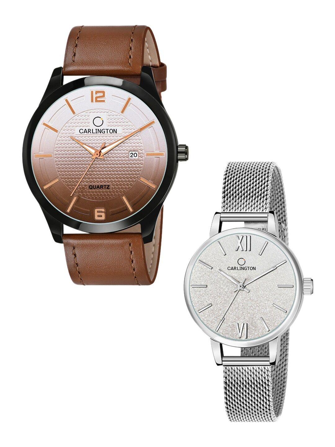carlington unisex his and her watches watch - combo ct1010 tan - ct2018 silver