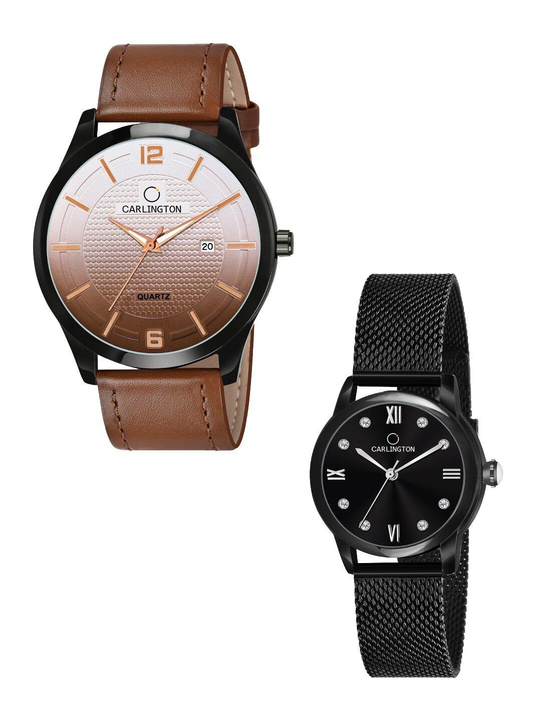 carlington unisex multicoloured analogue watch combo ct1010 tan - ct2005 black