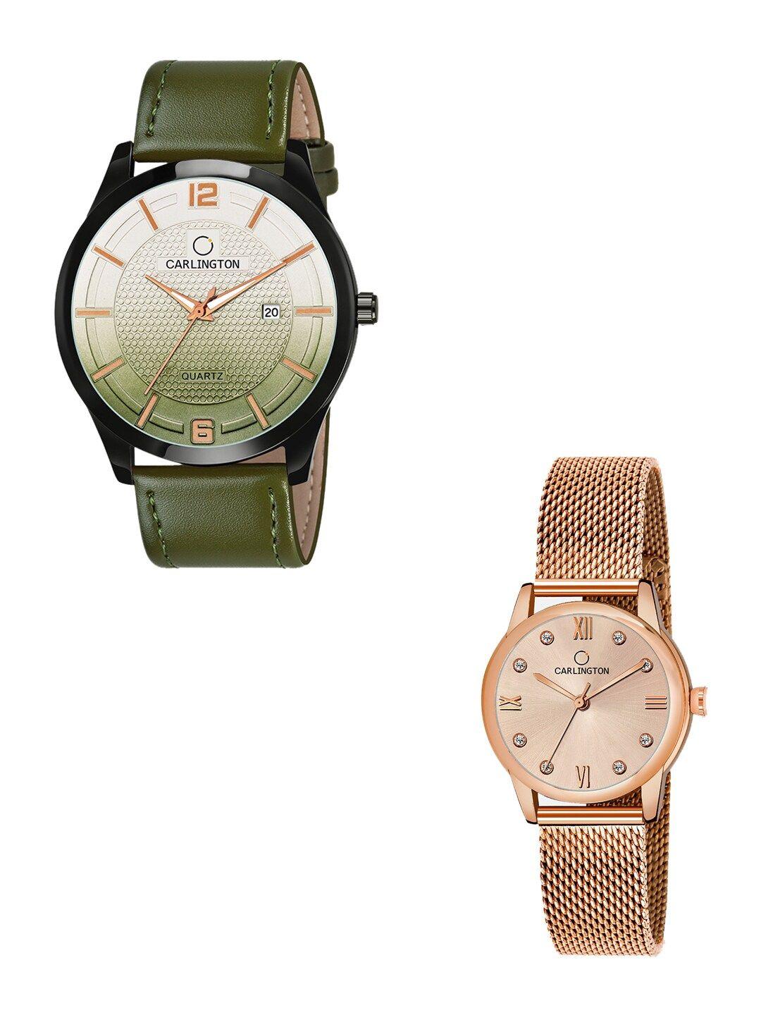 carlington unisex multicoloured dial & multicoloured leather straps analogue watch combo ct1010 green -