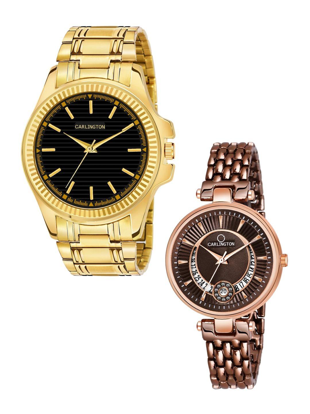 carlington unisex pack-2 multicoloured analogue watch combo ct-6120gb and bella brown