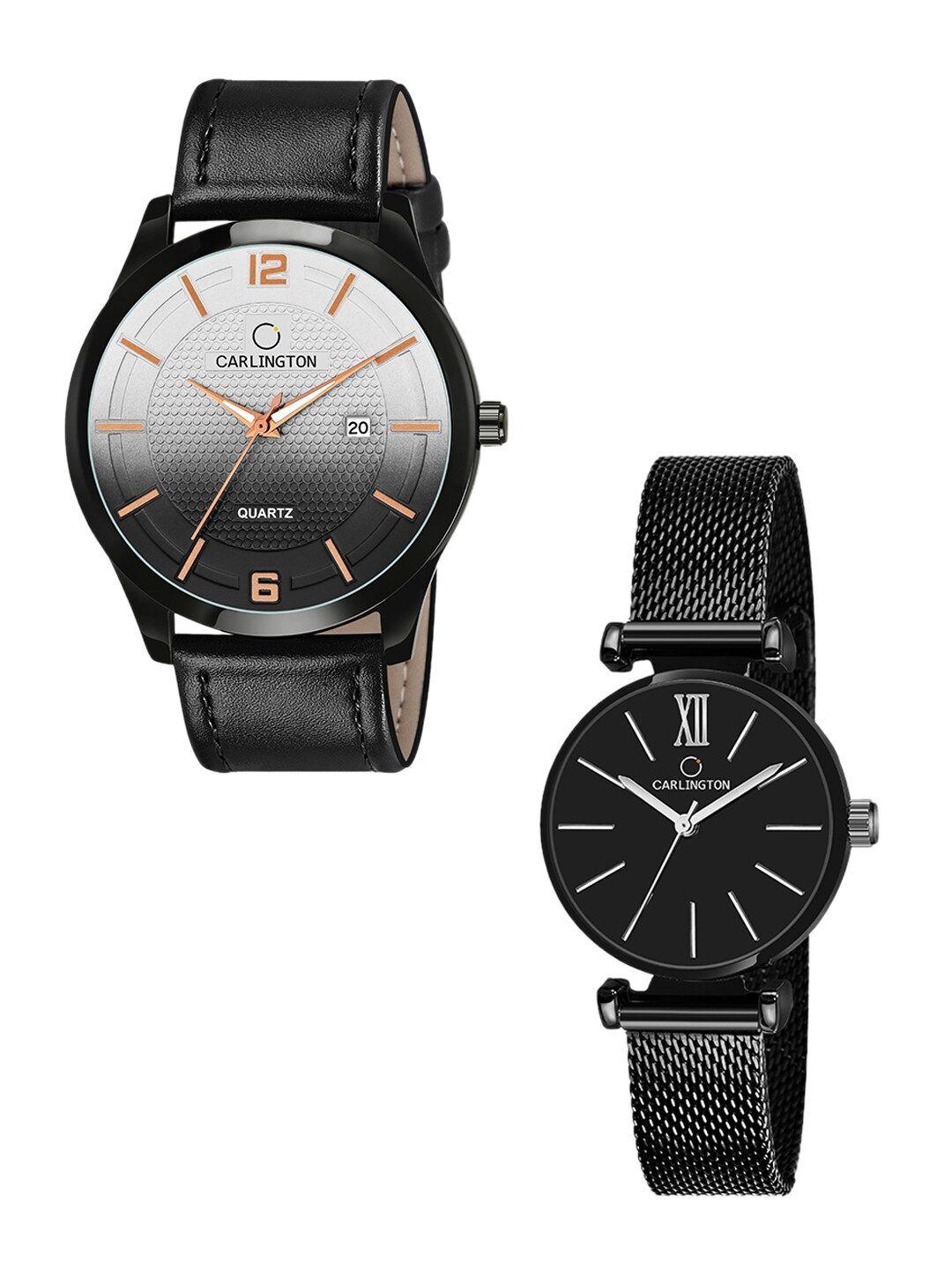 carlington unisex pack of 2 black analogue his & her watch
