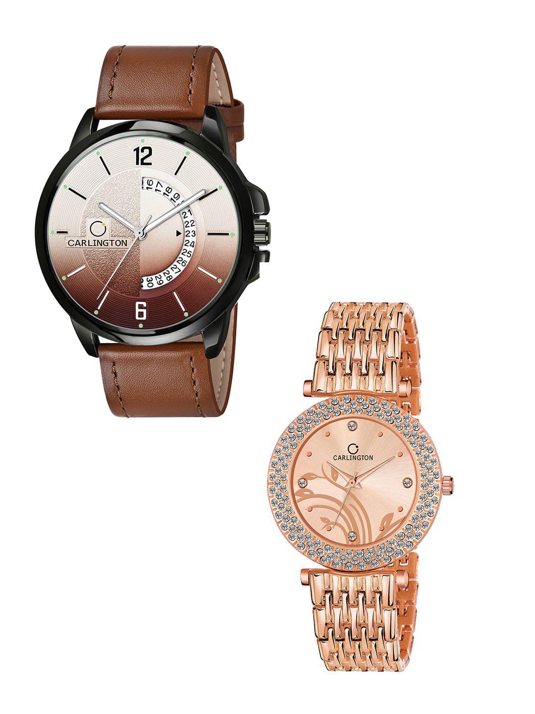 carlington unisex pack of 2 brown dial & brown leather straps analogue watch