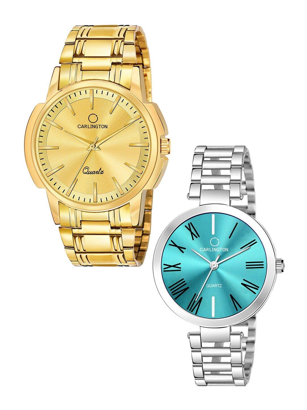 carlington unisex set of 2 analogue watch - combo ct-6110gg and 112 pastel