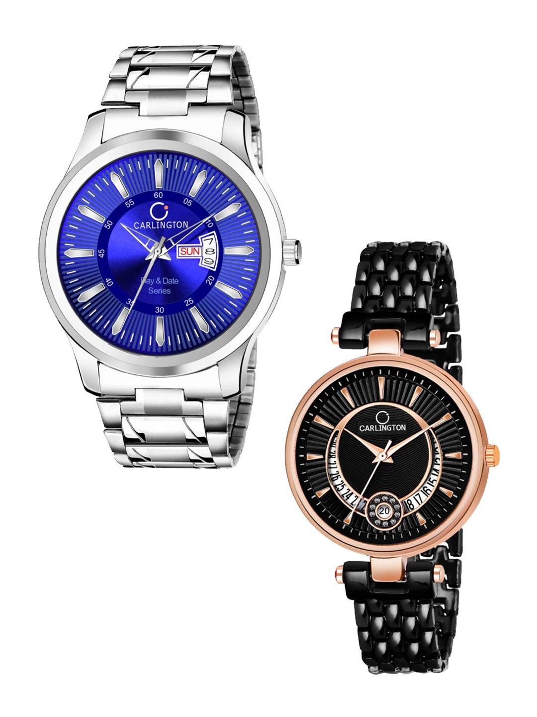 carlington unisex set of 2 analogue watch combo g-01 blue & bella black