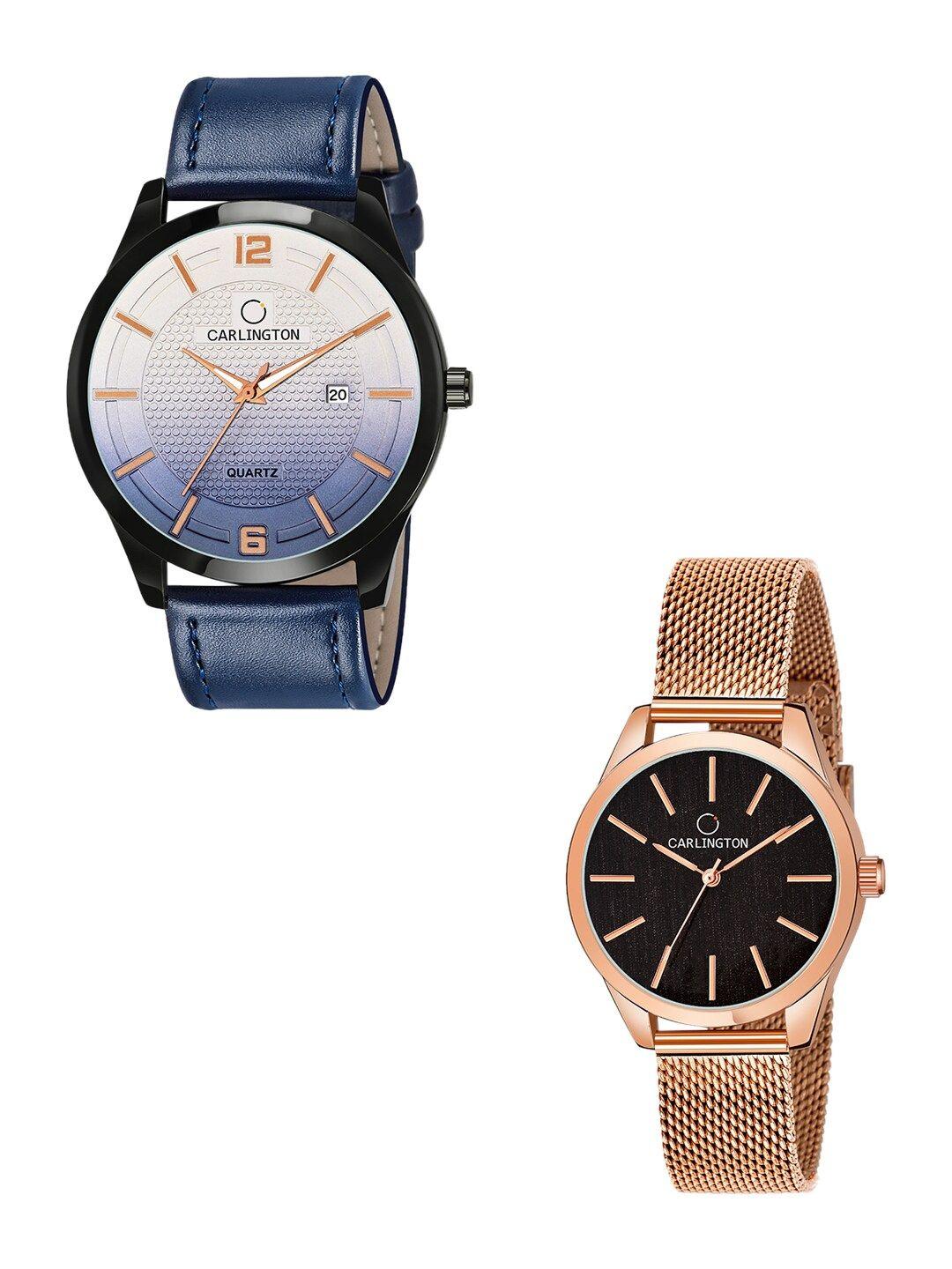 carlington unisex set of 2 blue & rose-gold toned analogue watches ct1010 blue - ct2001