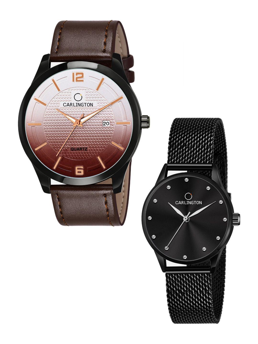 carlington unisex set of 2 brown & black analogue watches ct1010 ct2009