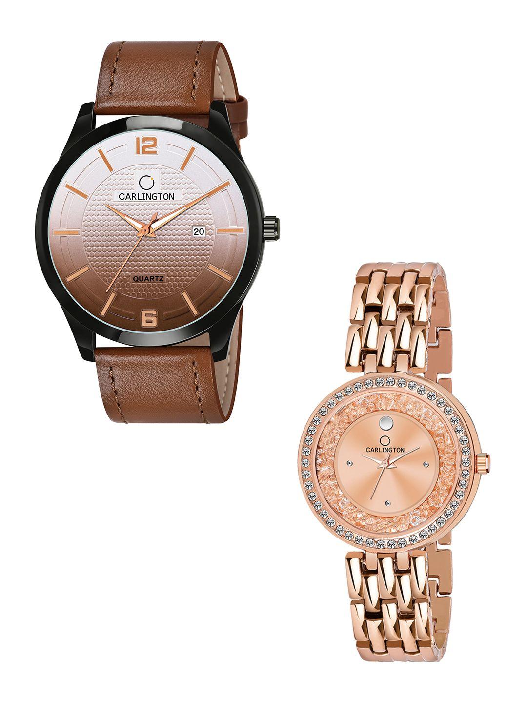 carlington unisex set of 2 brown & gold straps analogue watches ct1010 tan-movad