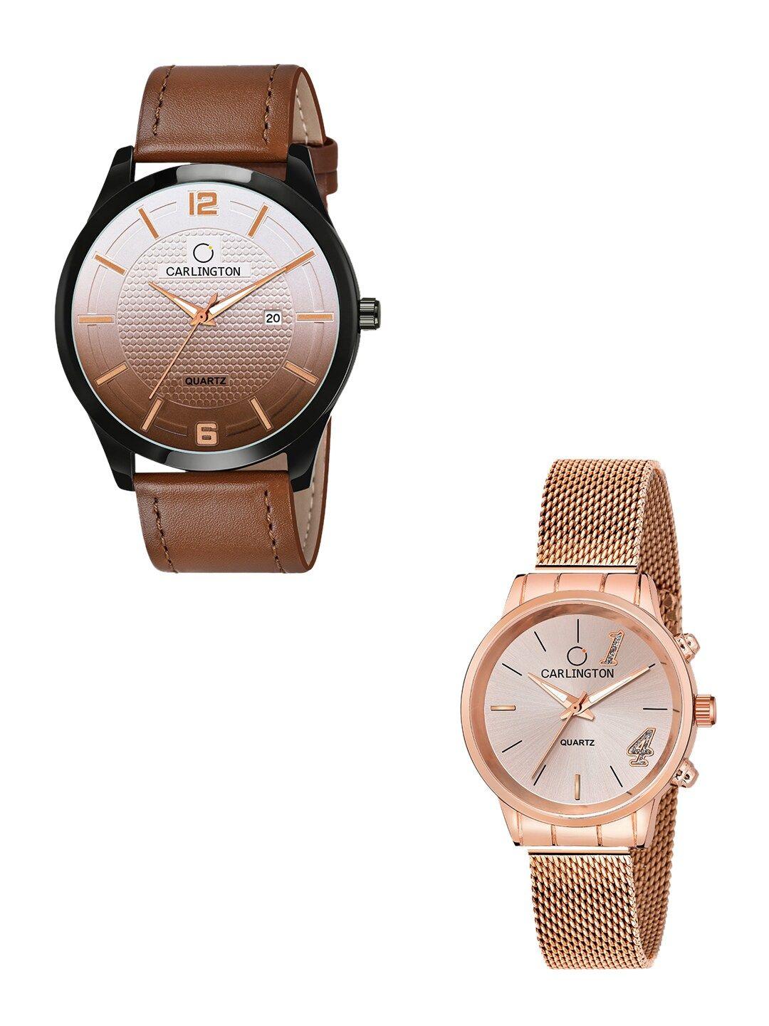 carlington unisex set of 2 multicoloured dial & leather straps analogue watches combo ct1010 tan - ct2012 rose