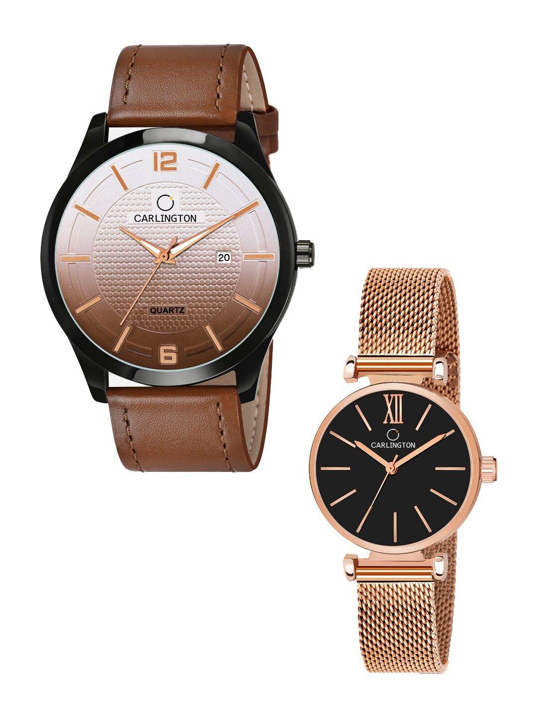 carlington unisex set of 2 tan & rose-gold toned analogue watches ct1010 ct2016