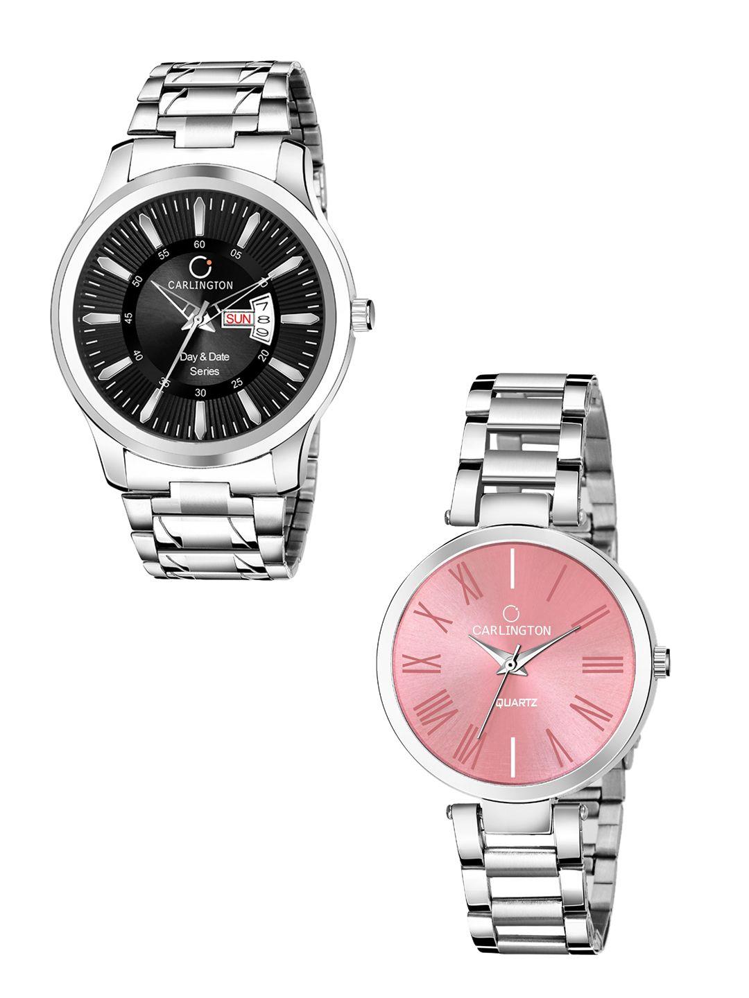 carlington unisex silver-toned & pink combo analogue watch