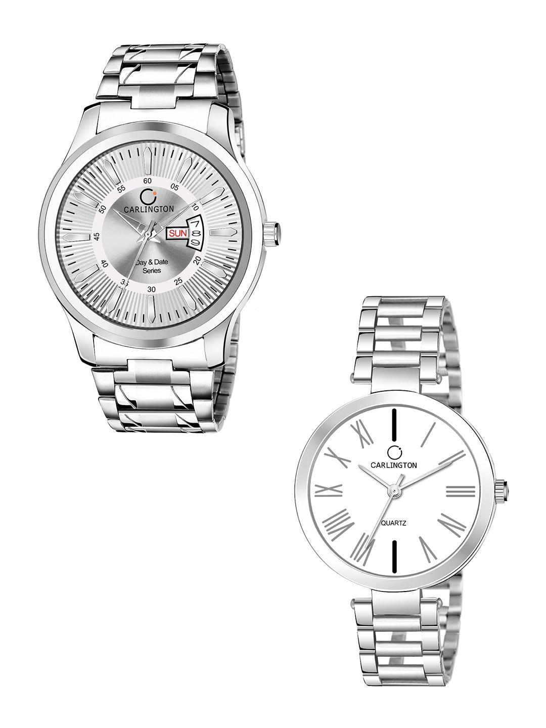 carlington unisex silver-toned analogue watch combo