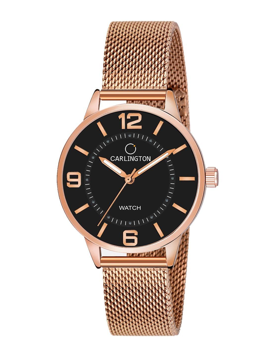 carlington women black dial & rose gold toned stainless steel bracelet style straps analogue watch ct2002