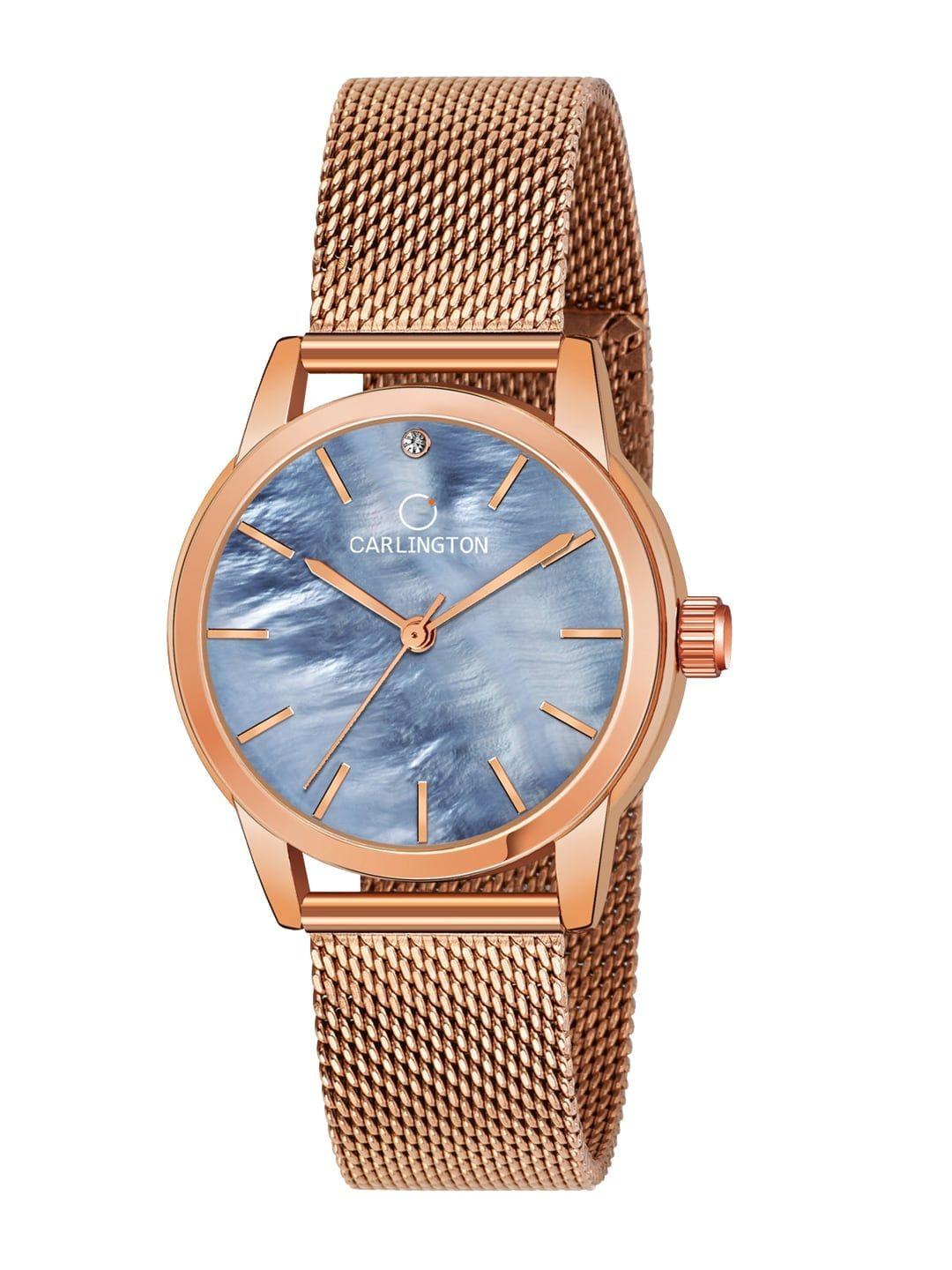 carlington women blue embellished dial & rose gold toned stainless steel bracelet style straps analogue watch