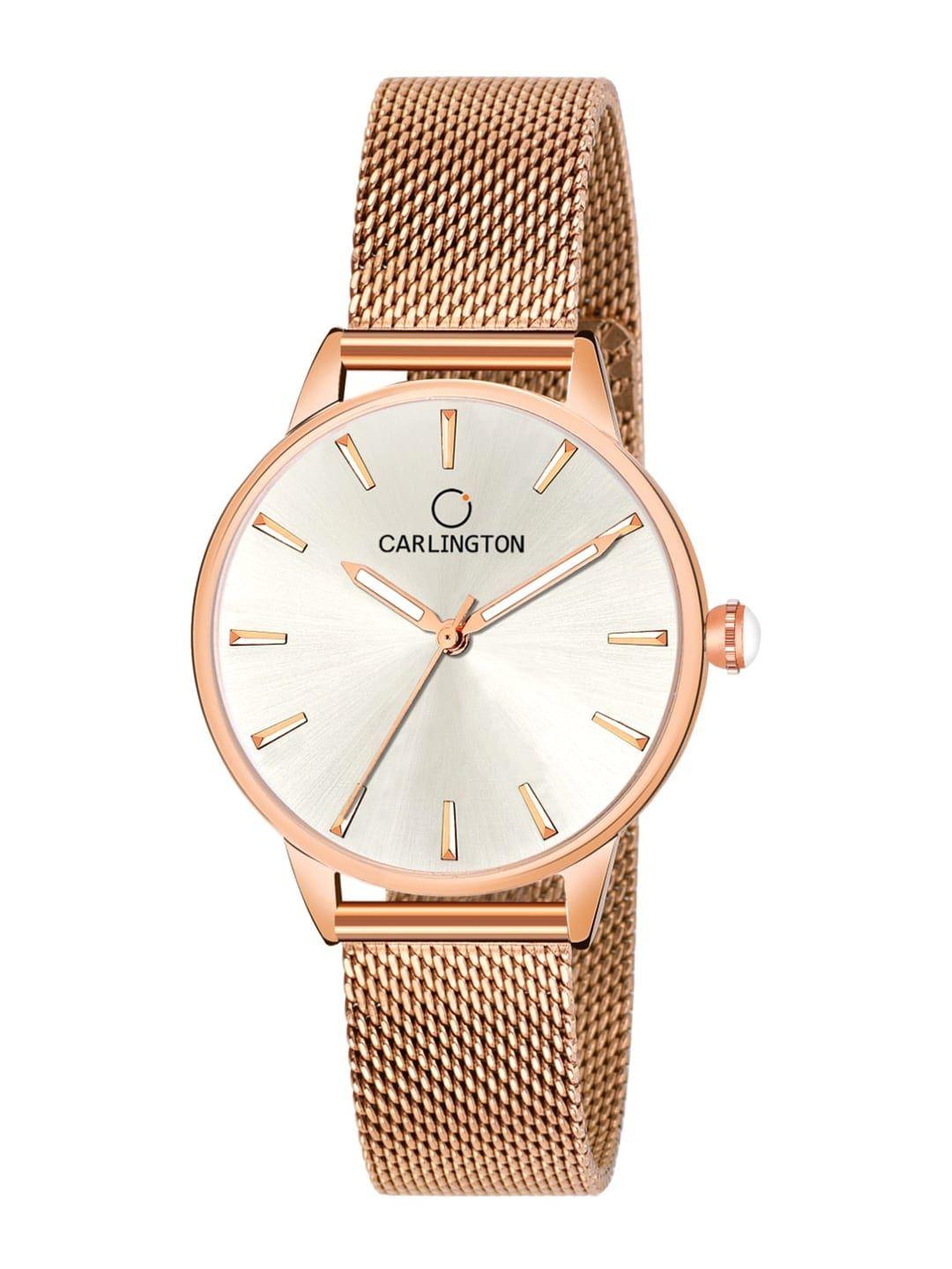 carlington women cream-coloured dial & rose gold toned stainless steel bracelet style straps analogue watch