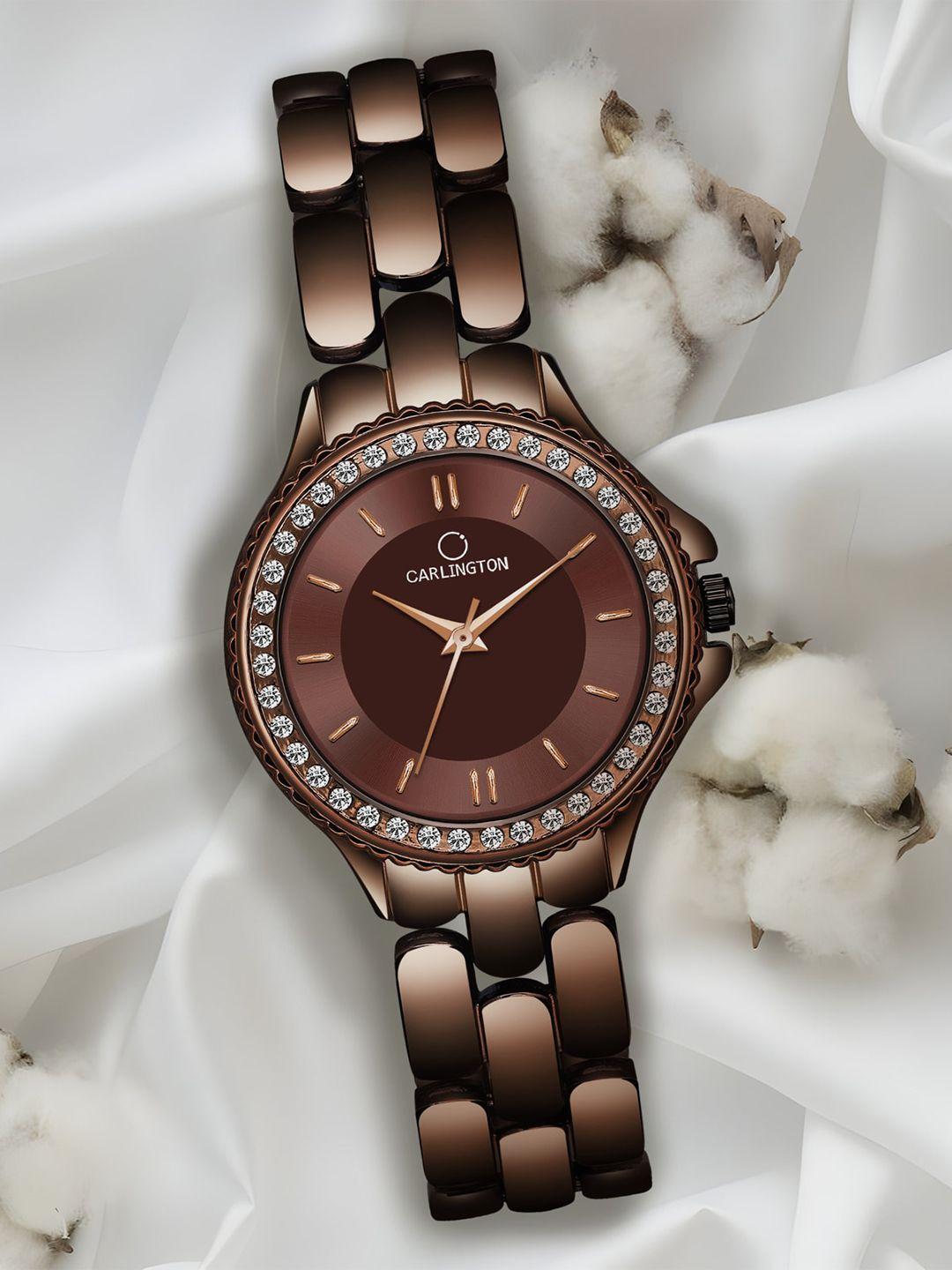 carlington women embellished dial bracelet style straps analogue watch ct 6060 brown