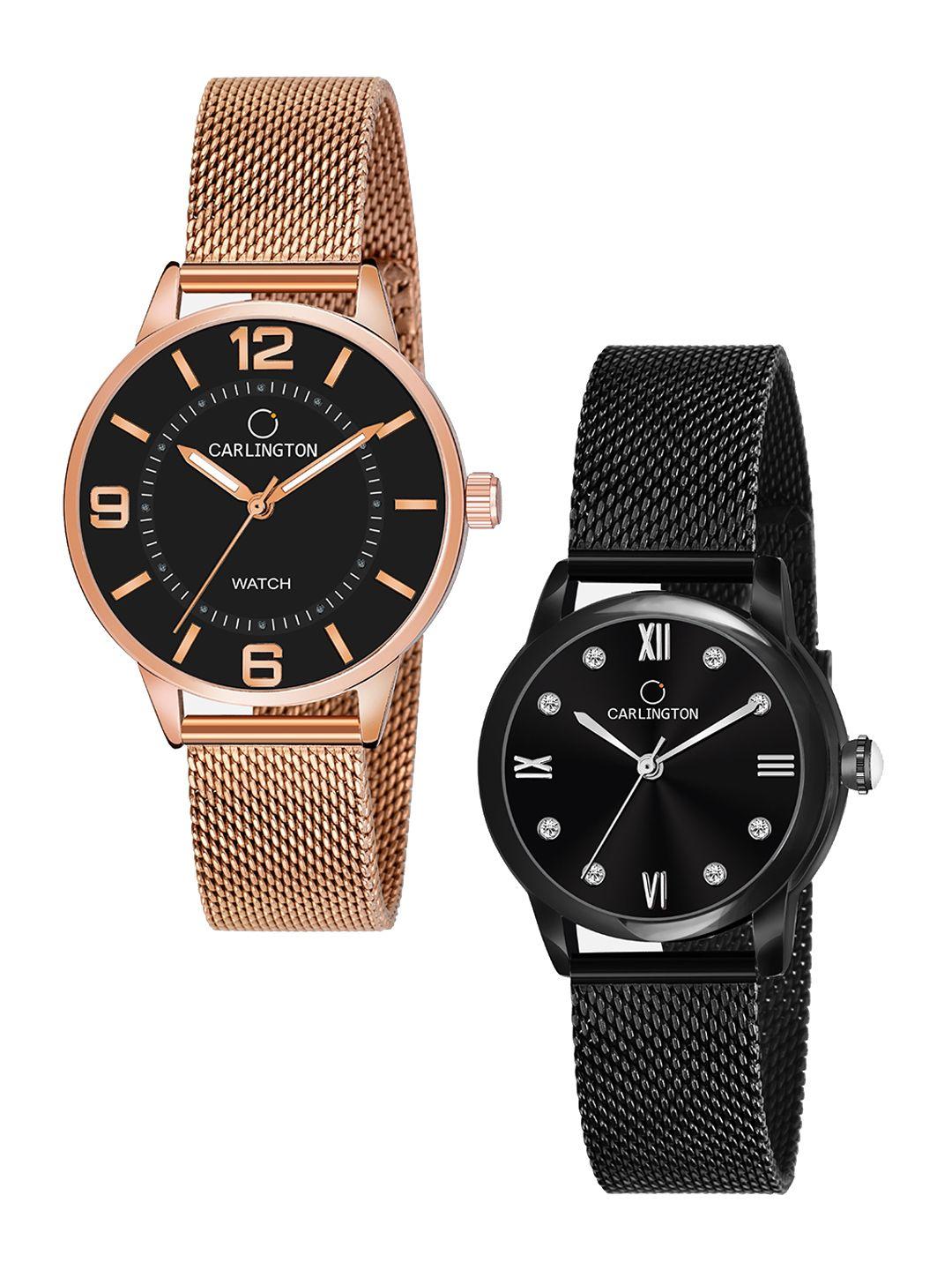 carlington women pack of 2 black dial rose gold & black bracelet style analogue watch