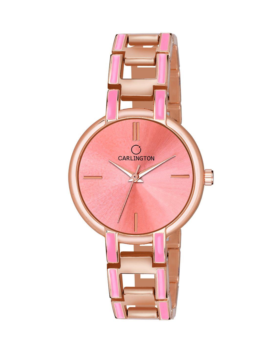 carlington women pink dial & rose gold toned stainless steel bracelet style straps analogue watch