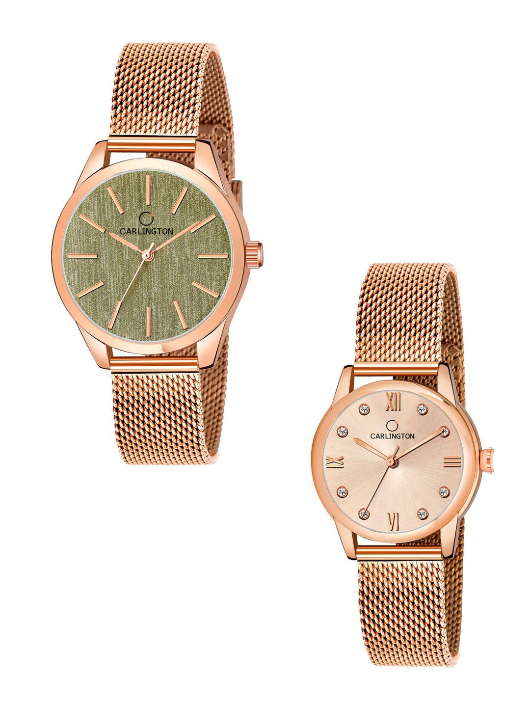 carlington women rose gold-toned dial & green stainless steel bracelet style straps analogue watch