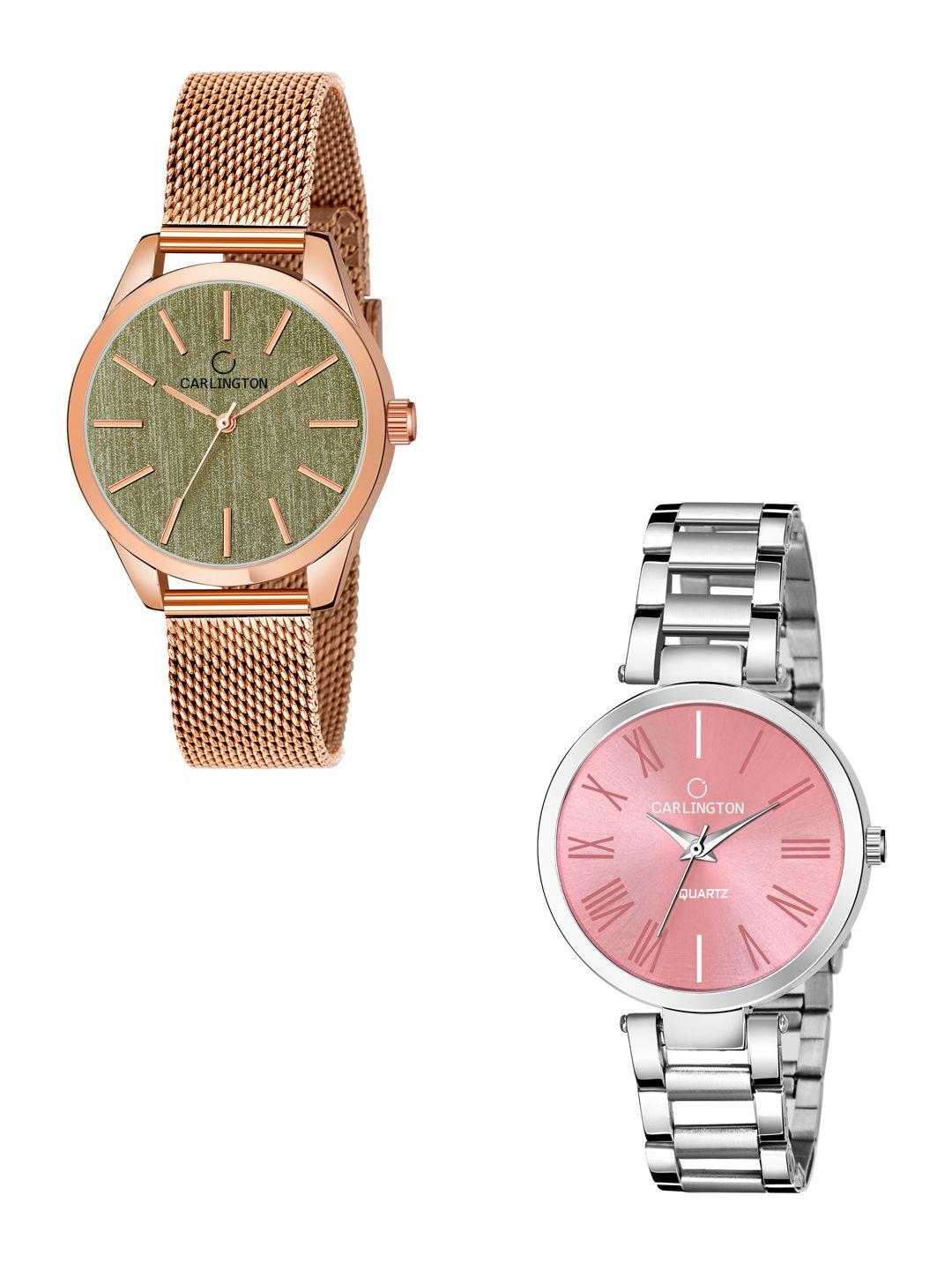 carlington women set of 2 analogue watch - combo ct2001 rosegreen-octave 112 pink