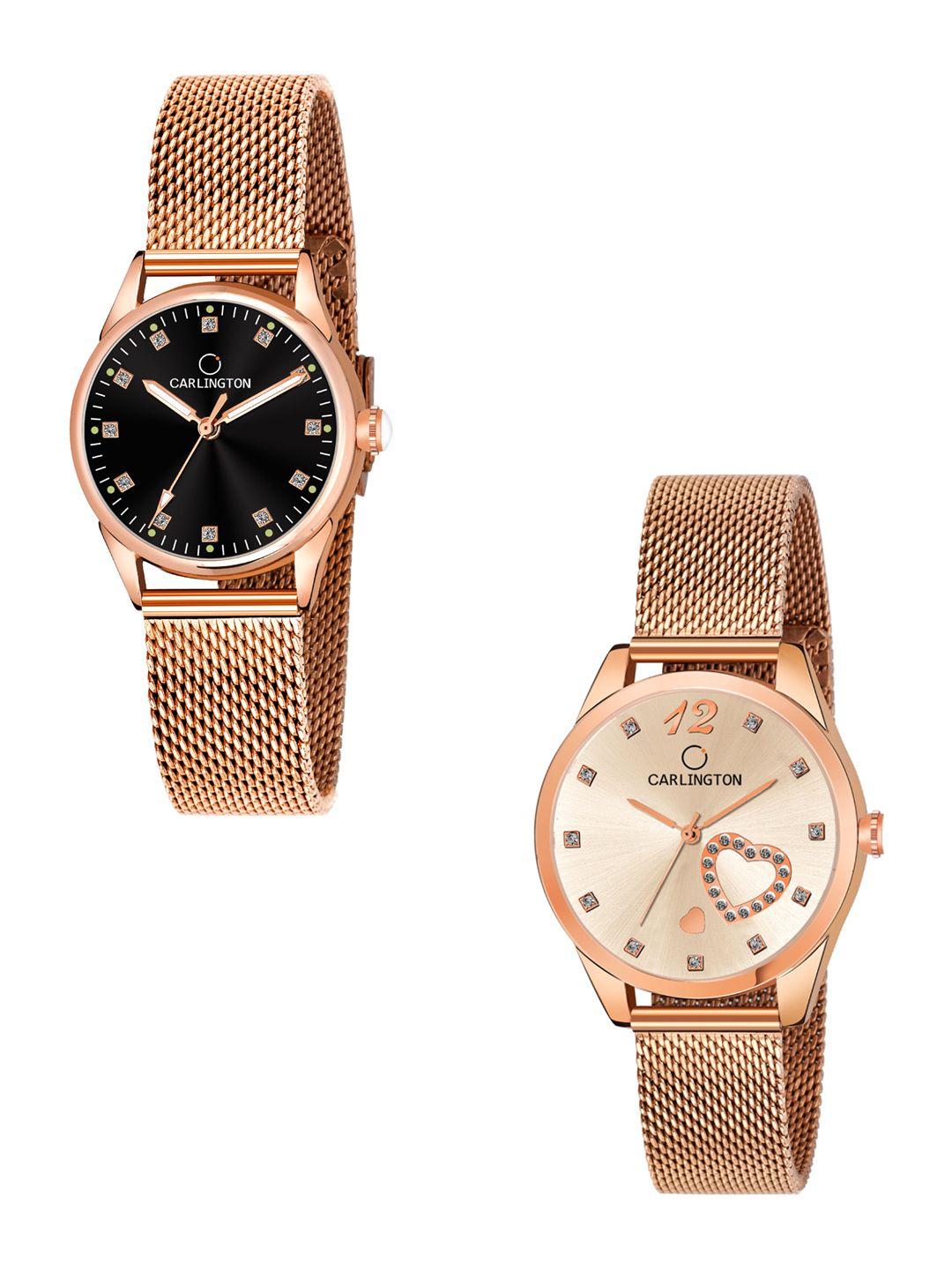 carlington women set of 2 black & rose gold toned analogue watch ct2003 ct2006