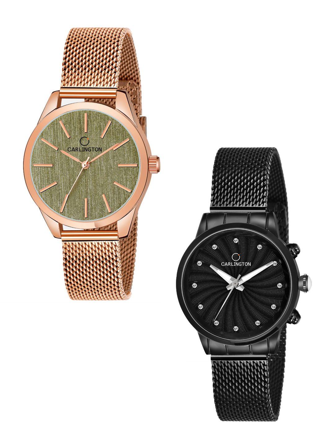 carlington women set of 2 green & black analogue watch ct2001 ct2017