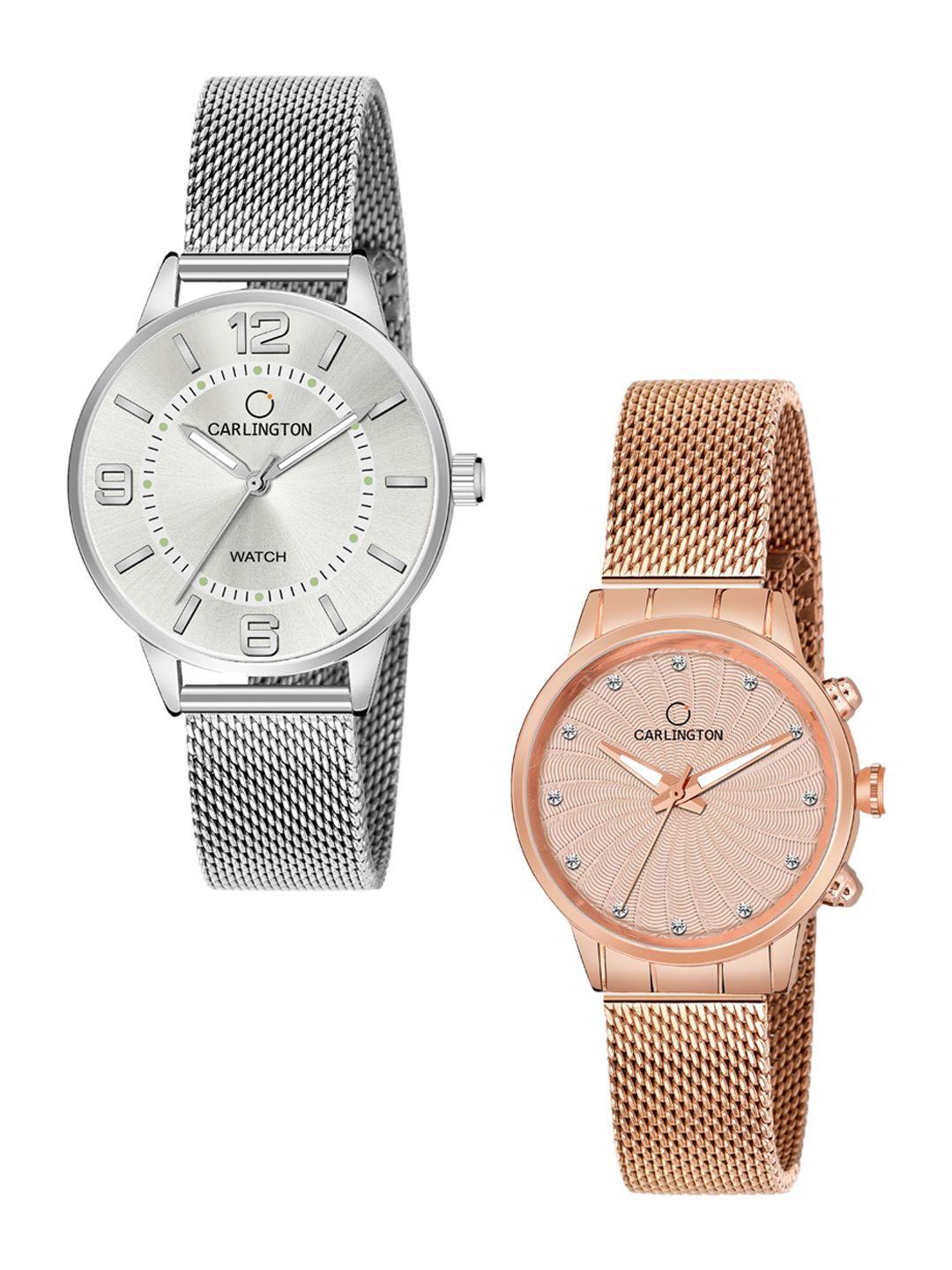 carlington women set of 2 silver-toned & rose gold-toned analogue watch ct2002 ct2017
