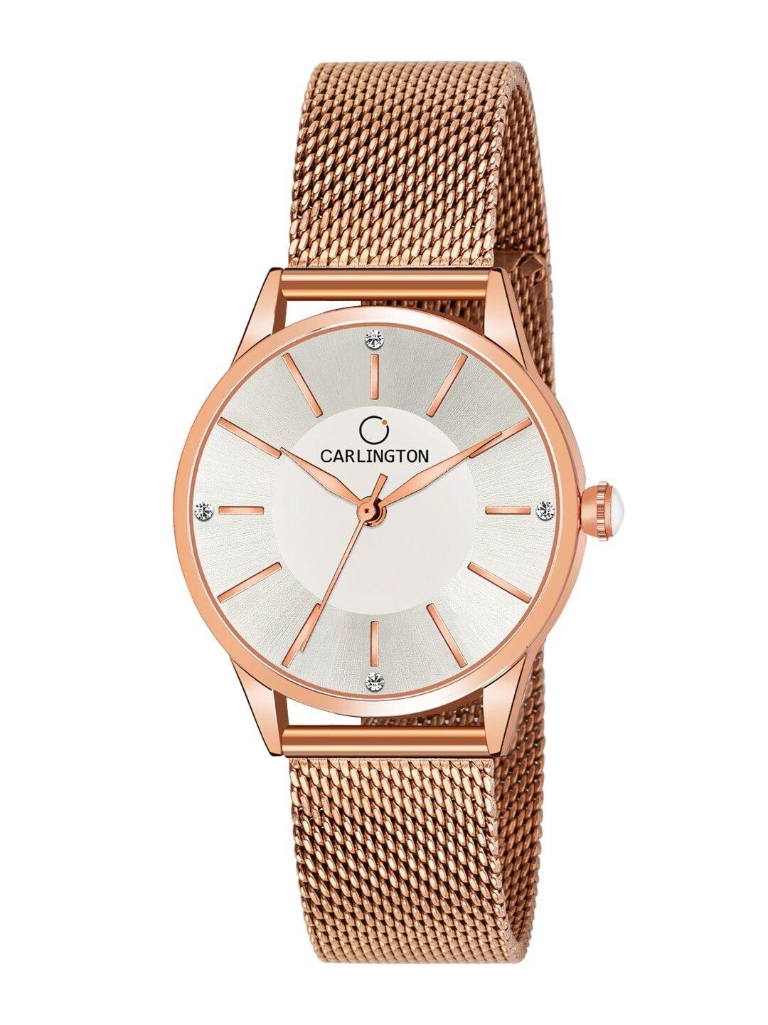 carlington women silver-toned dial & rose gold toned stainless steel bracelet style straps analogue watch