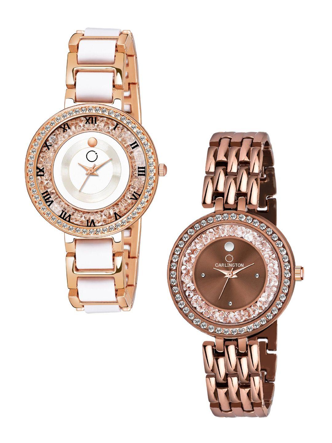 carlington women white & brown set of 2 embellished bracelet style analogue watches
