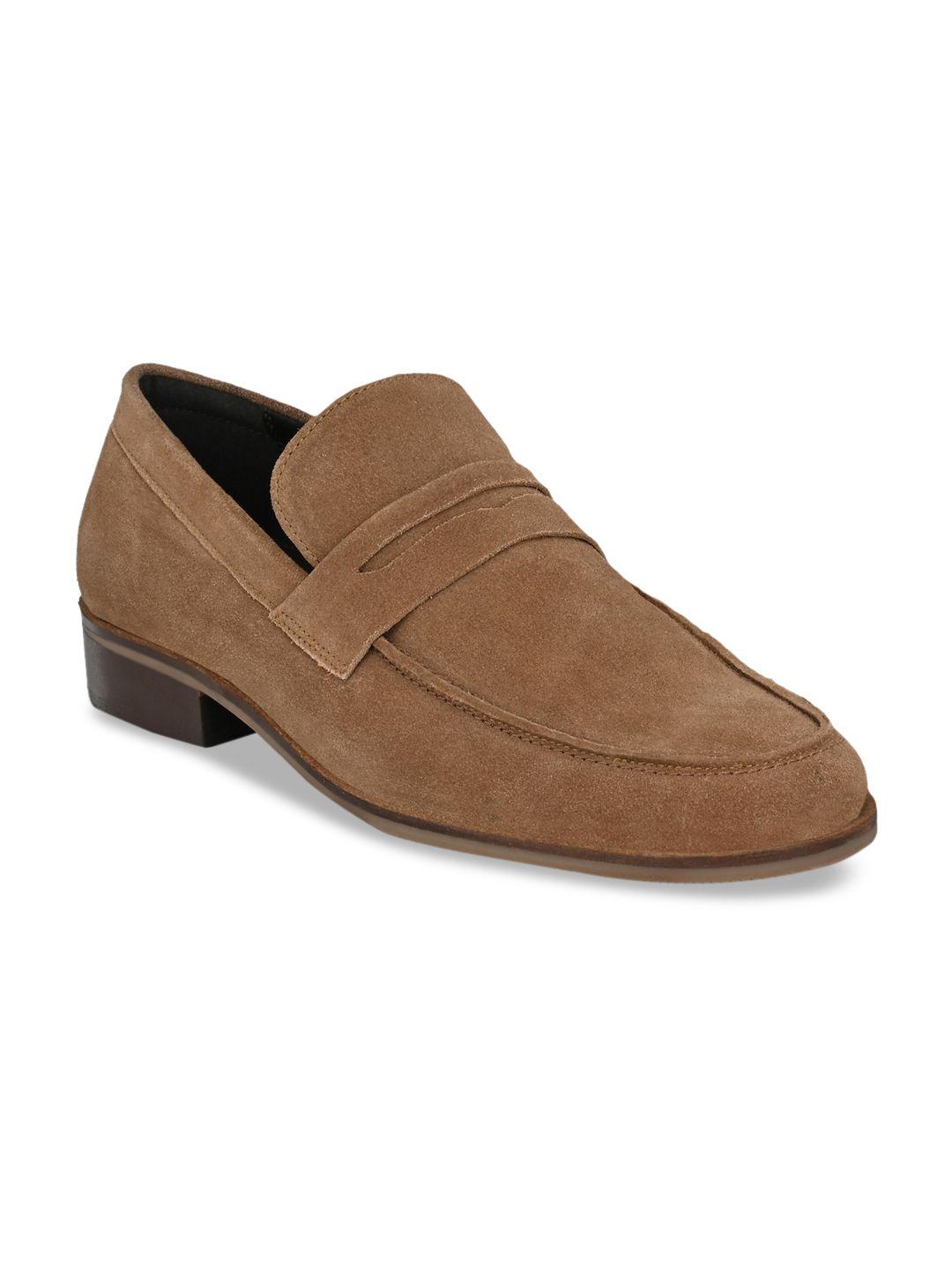 carlo romano men beige solid leather formal slip-ons