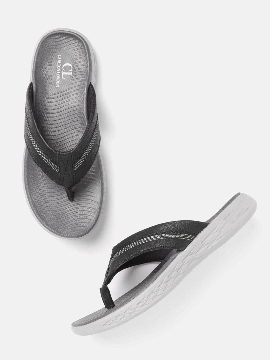 carlton london men black & grey comfort sandals with thread-work