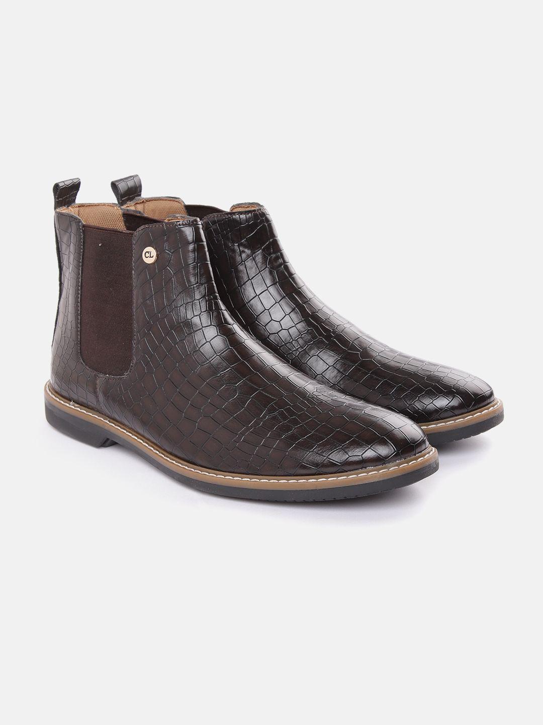 carlton london men coffee brown croc textured mid-top chelsea boots