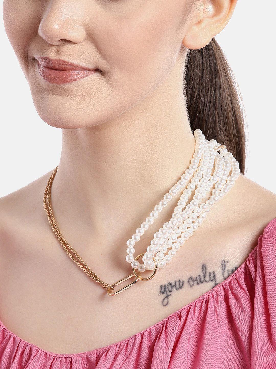 carlton london rose gold toned & white with pearl rose gold plated multilayered necklace
