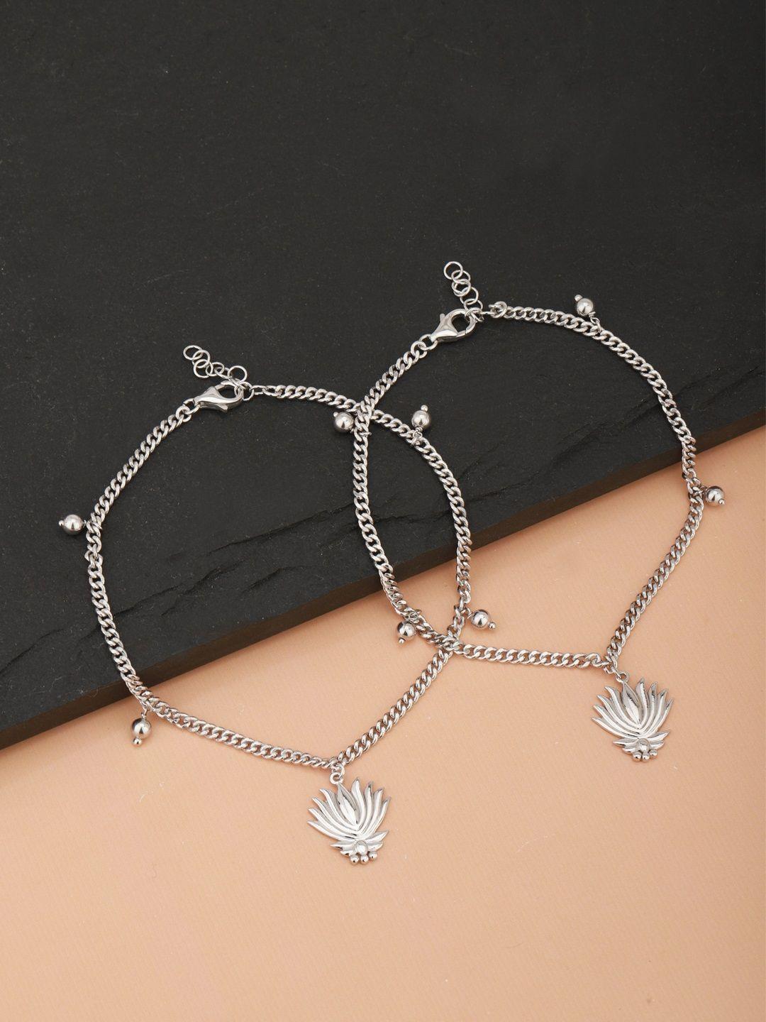 carlton london set of 2 silver-toned rhodium-plated anklets