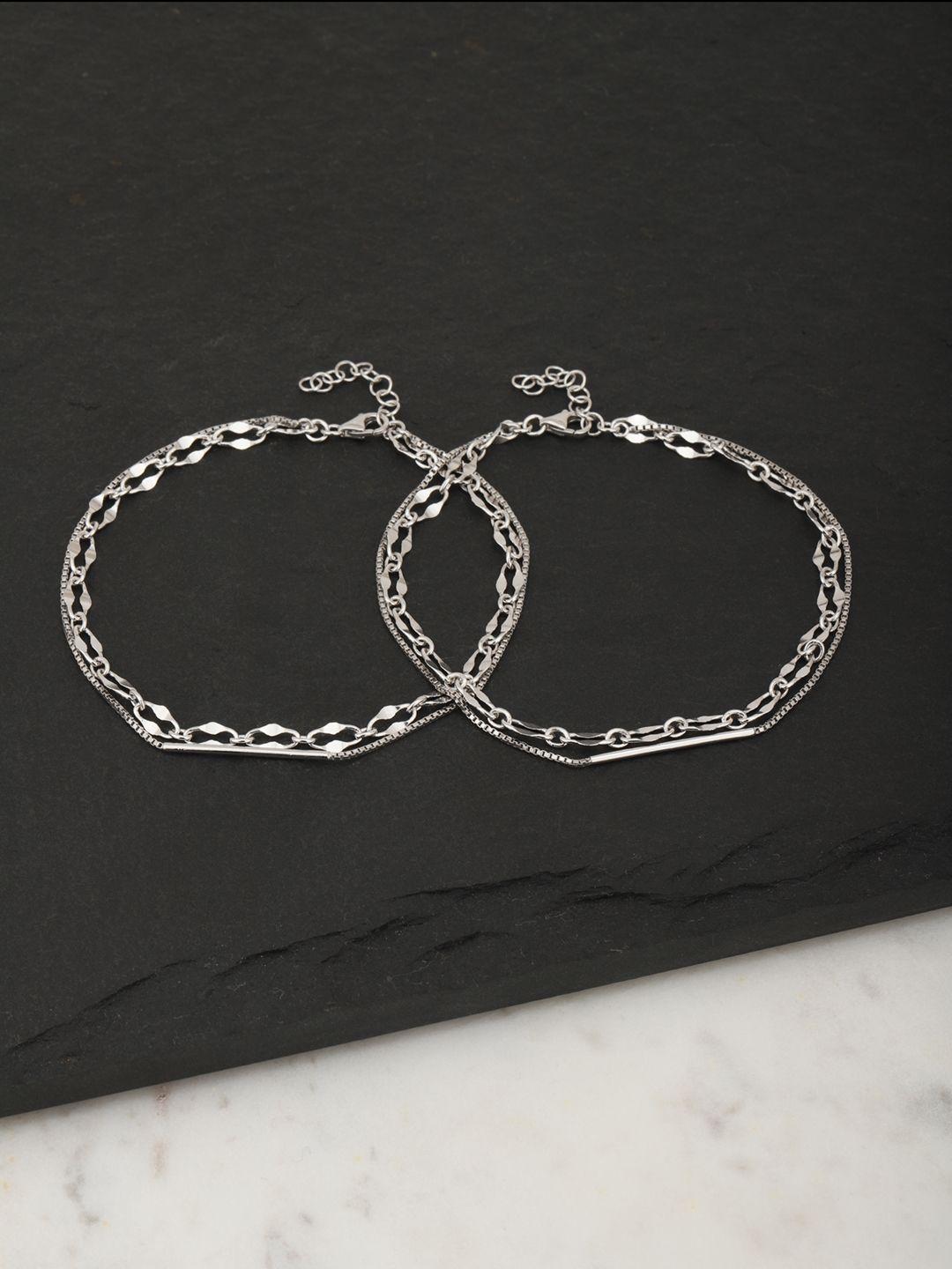 carlton london set of 2 silver-toned rhodium-plated layered anklets