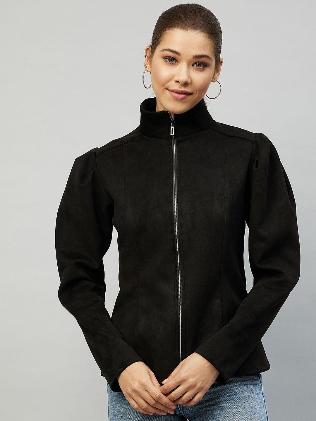 carlton london women black solid mock collar tailored jacket