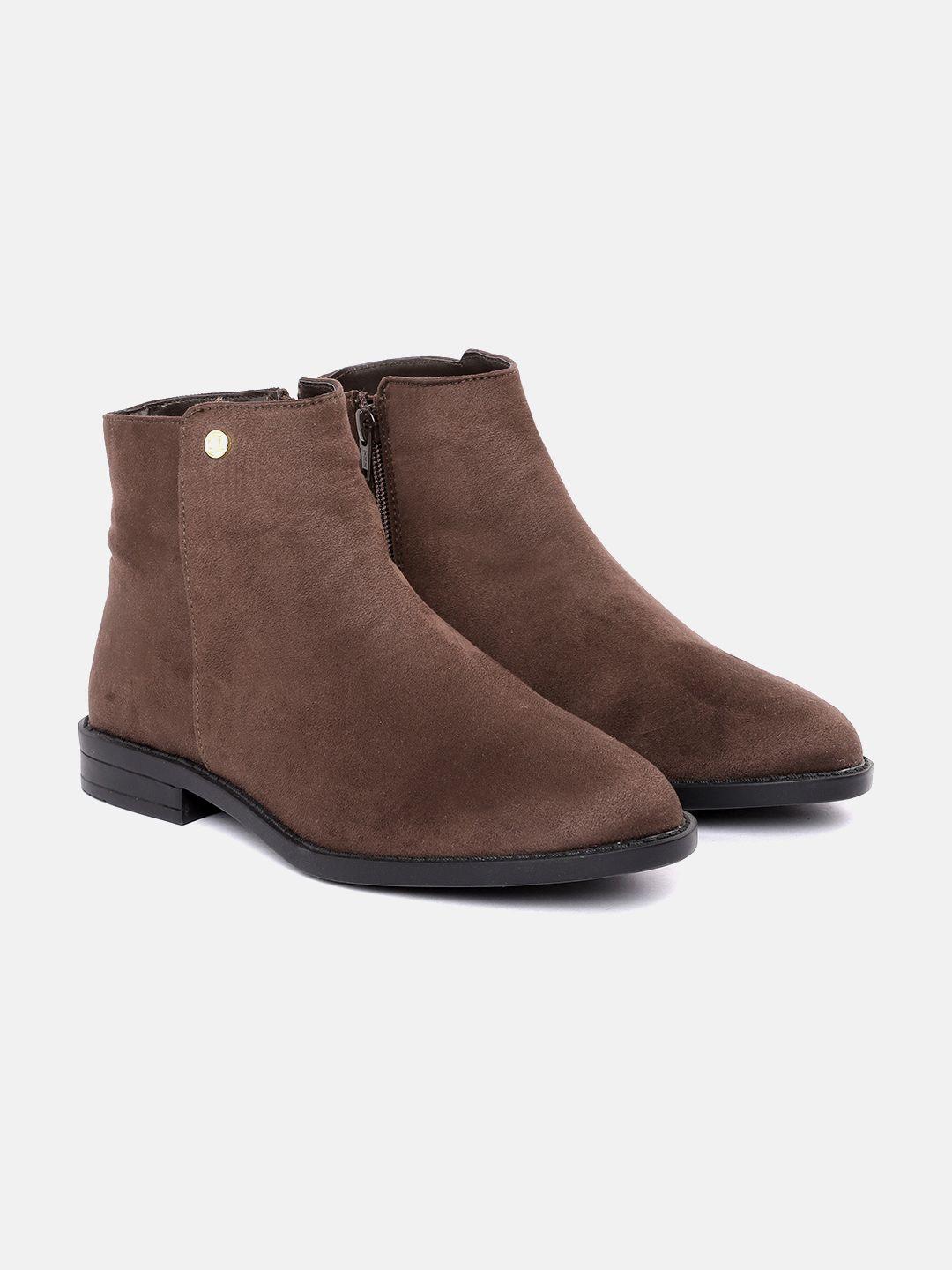 carlton london women coffee brown solid mid-top flat boots