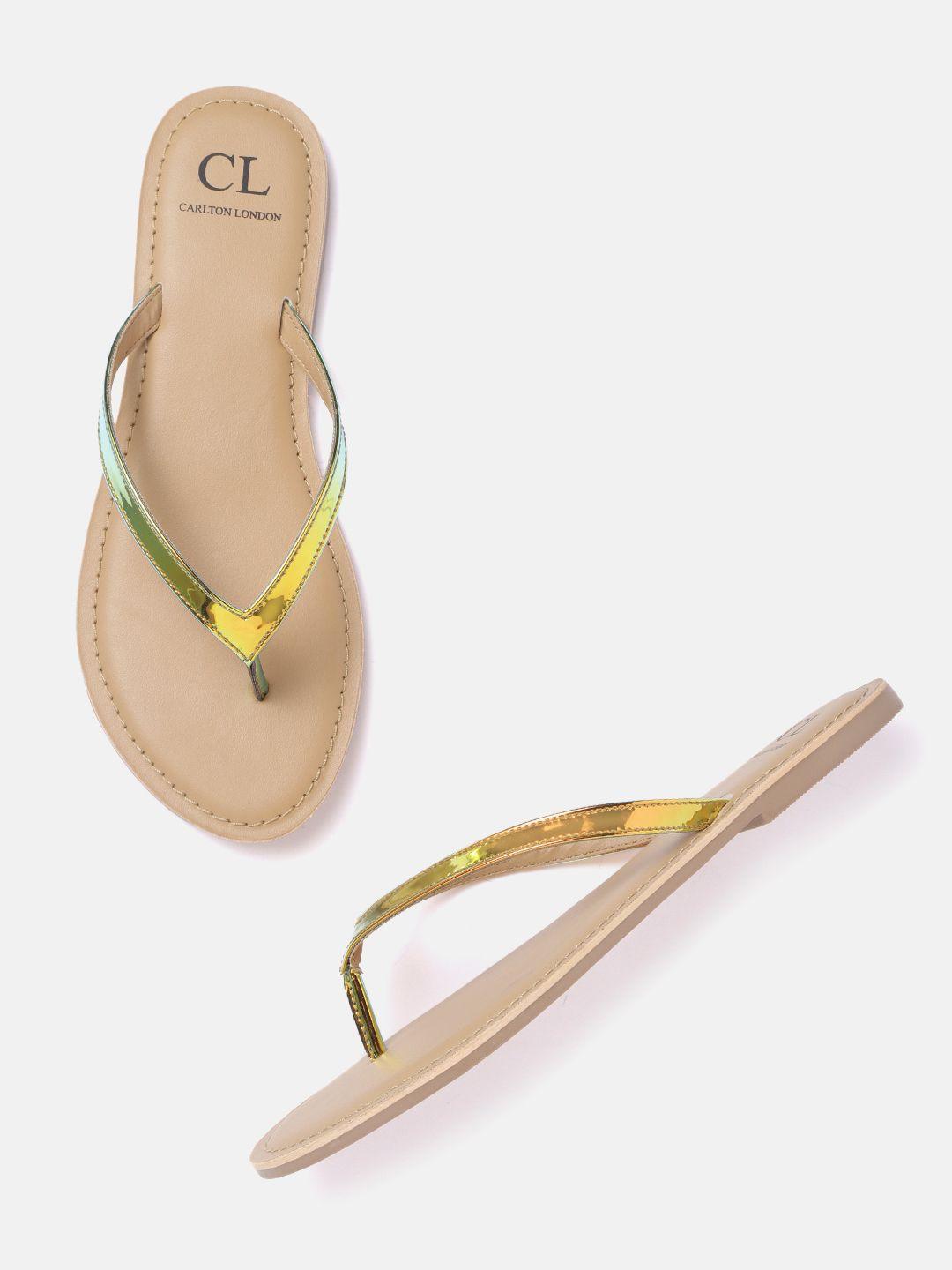 carlton london women gold-toned & green iridescent effect solid open toe flats