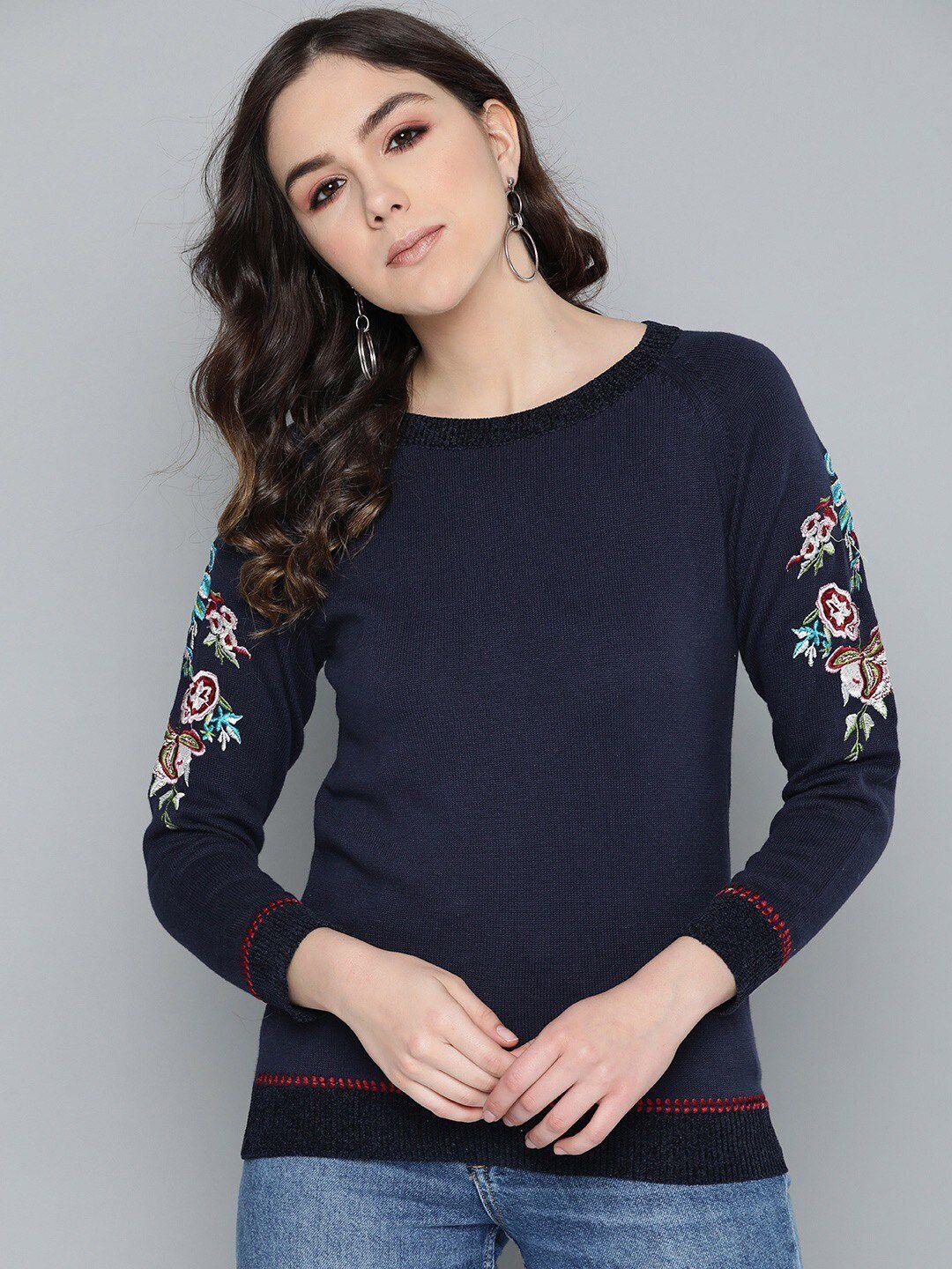 carlton london women navy blue & red floral pullover with embroidered detail