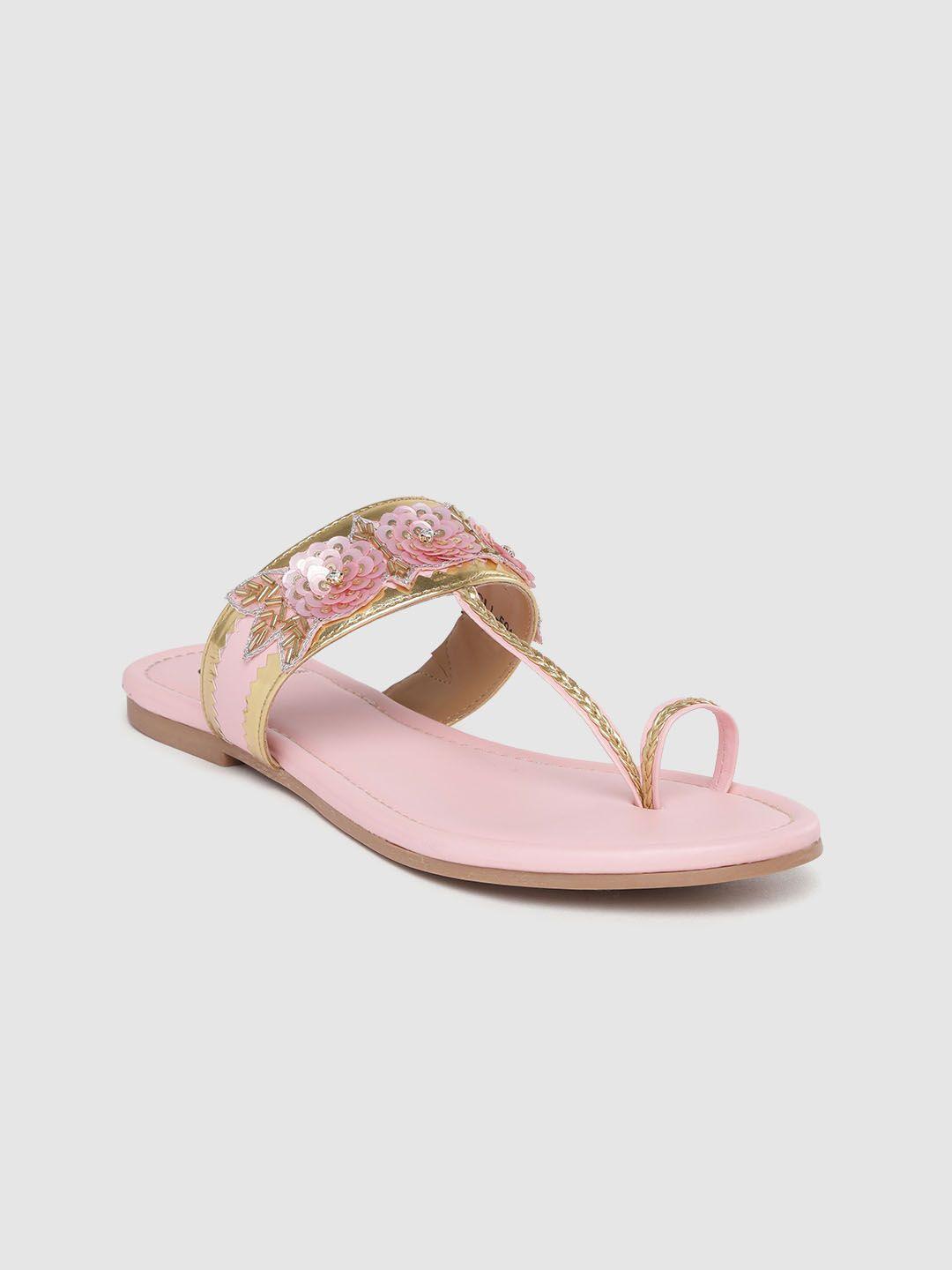 carlton london women pink & gold-toned embellished braided one toe flats