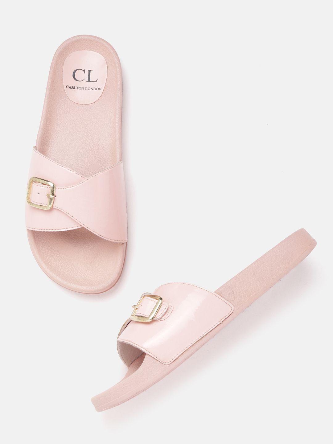 carlton london women pink solid open toe flats with buckle detail