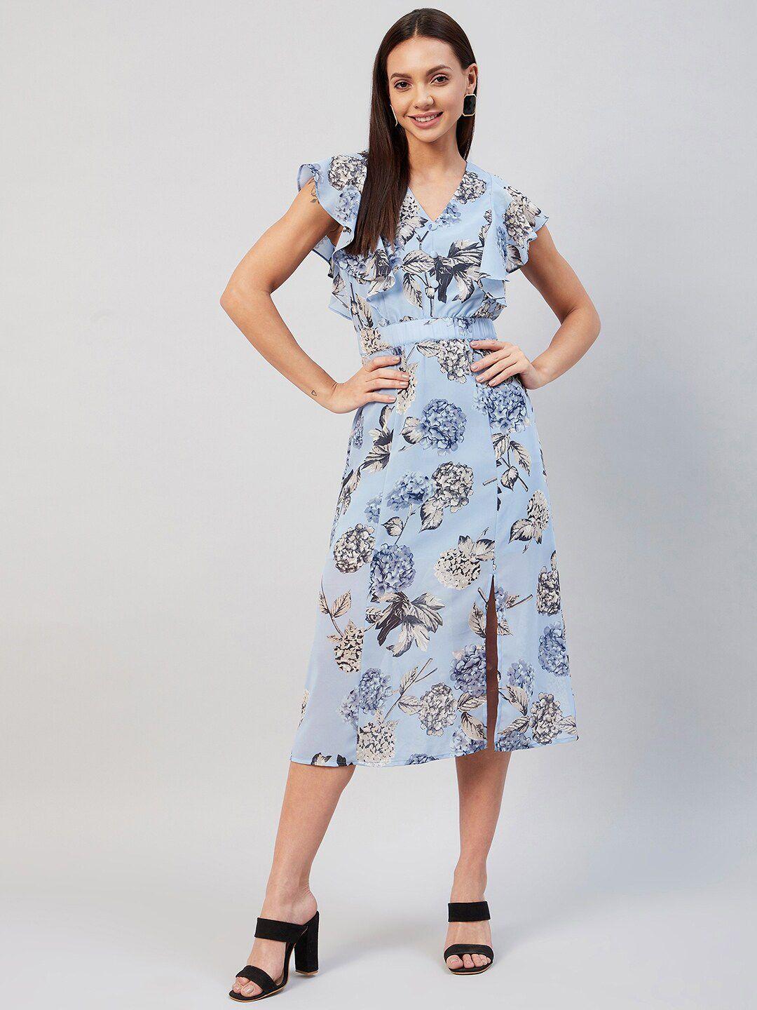 carlton london blue & off white floral georgette a-line midi dress