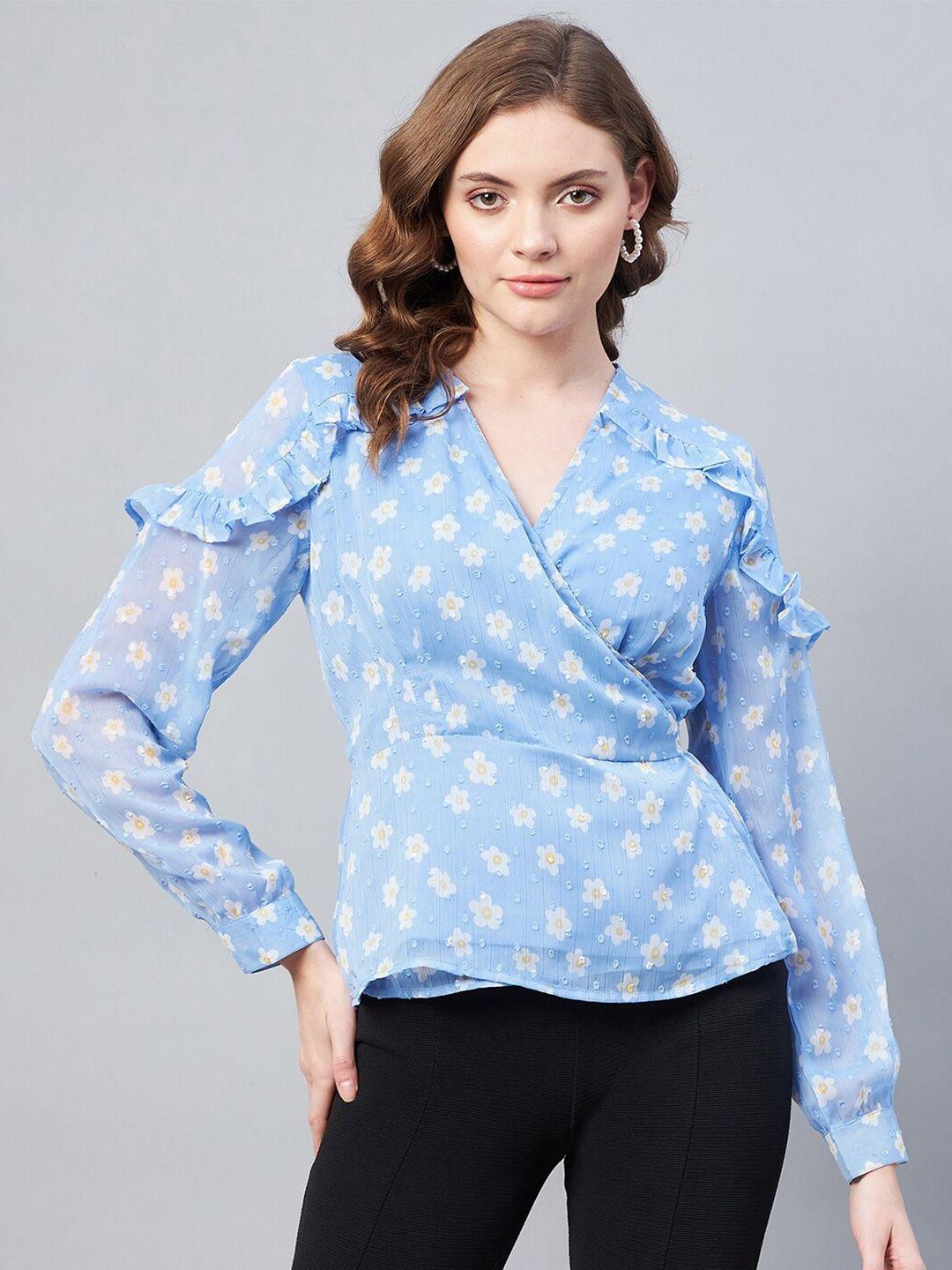 carlton london blue print ruffles chiffon wrap top